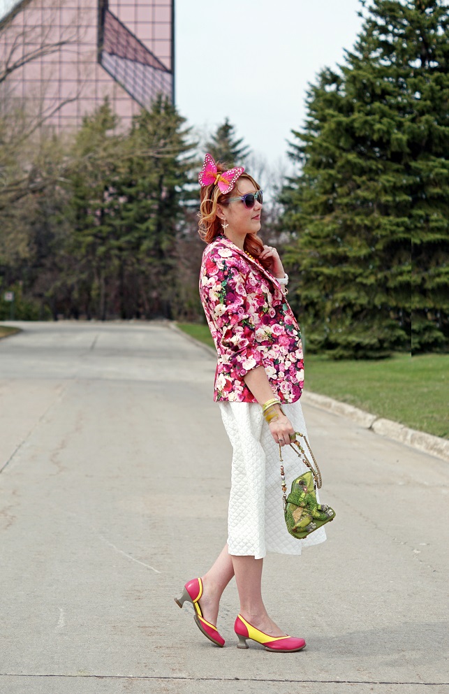 Winnipeg Fashion Stylist Consultant Blog, Kate Spade Millie Floral rose print silk cotton blazer jacket, Topshop white quilted midi skirt, Vedette Shapewear Marlene shaping pink swimsuit, Mary Frances Leap lily pad frog clutch purse, Kate Spade New York In the shade sunglasses bangle bracelet, dconstruct seaweed bangle bracelet, Fluevog hand leather painted pink yellow Wearever Arigato shoes pumps